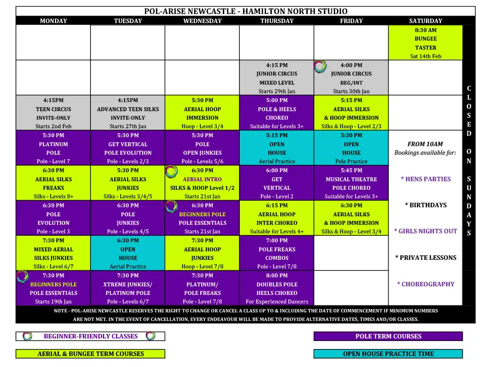 Weekly pole dance, aerial silks, hoop and bungee fitness class timetable at Pol-arise Newcastle studio