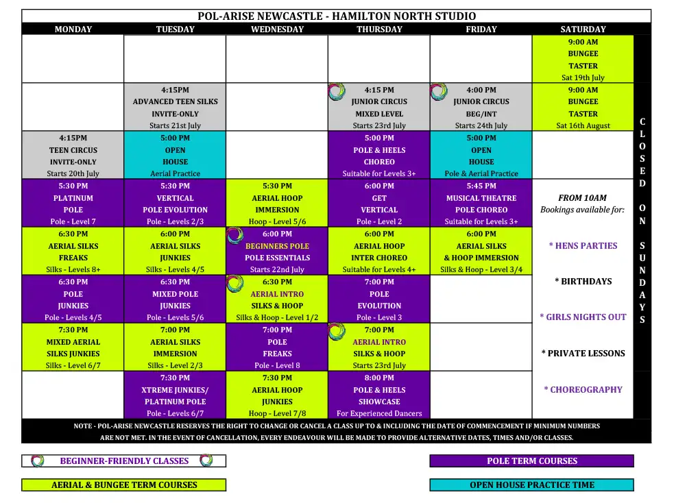 Weekly pole dance, aerial silks, hoop and bungee fitness class timetable at Pol-arise Newcastle studio